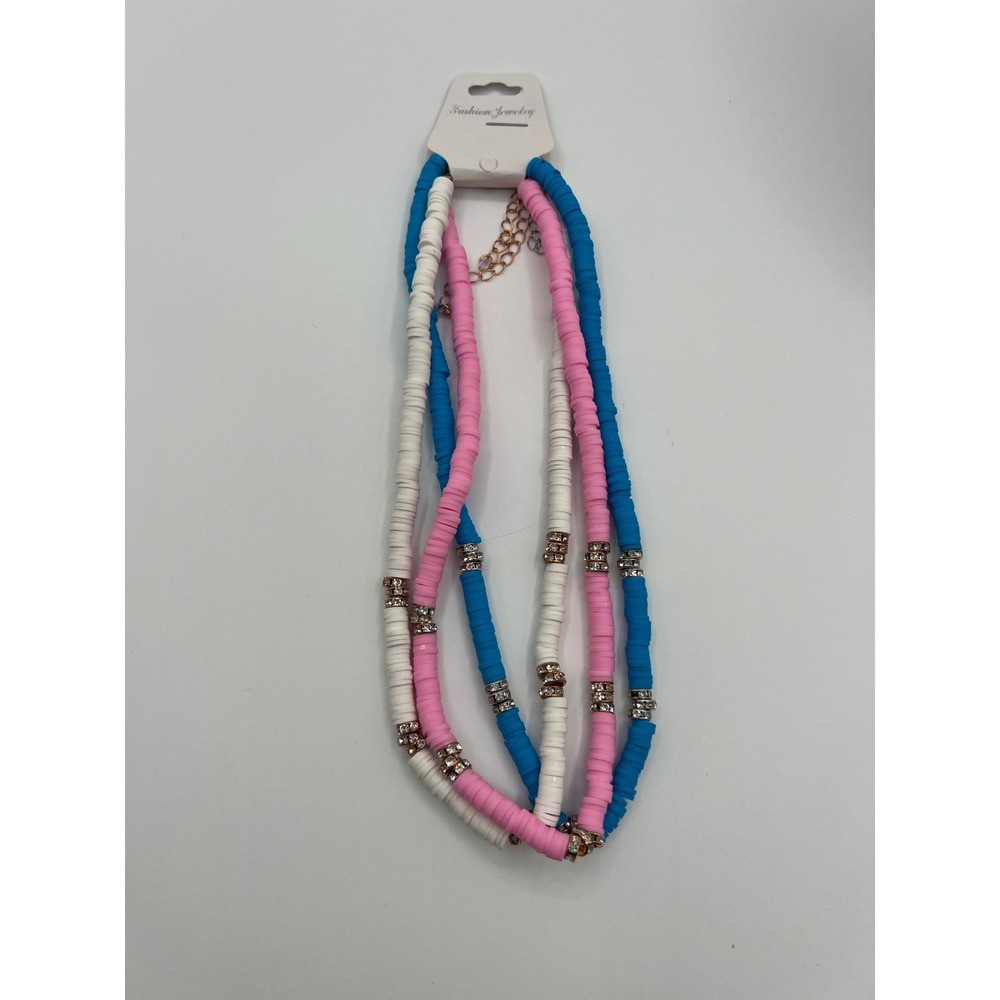 Pink Blue White Heishi Bead Layered Necklace Set Rhinestone Accents Beachy Boho